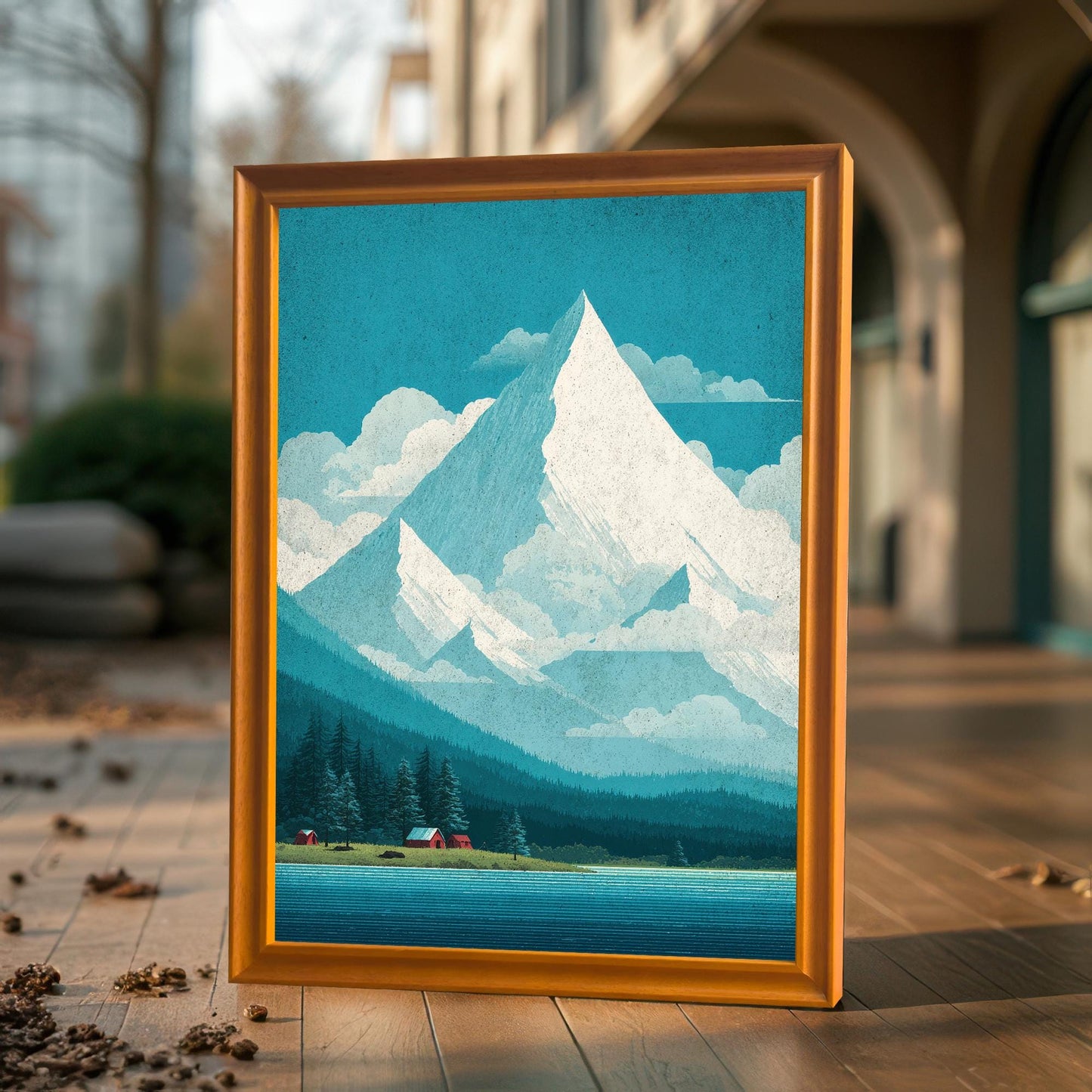 A vertical shot of a wood-framed mountain print standing on a wooden floor outdoors, reflecting natural sunlight and soft shadows.
