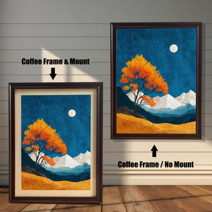 Comparison of "Coffee" dark wood frames with and without an off-white mat board (mount), showing how the artwork looks in both styles against a white paneled wall.