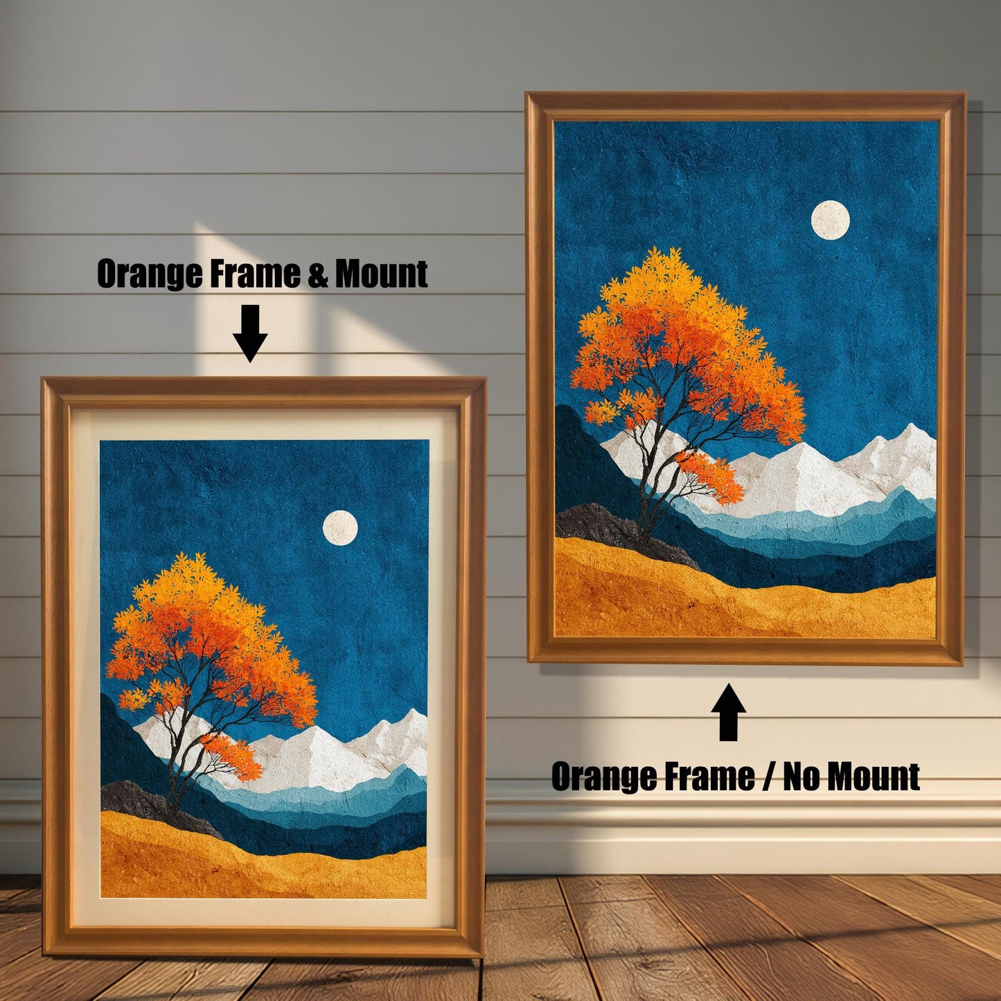 Comparison of "Orange" natural wood frames with and without a mat board mount, highlighting the warm wood tones against a bright indoor background.