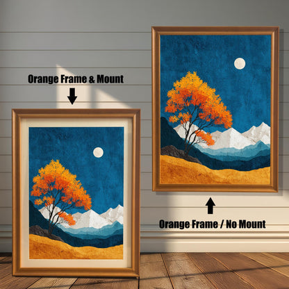 Comparison of "Orange" natural wood frames with and without a mat board mount, highlighting the warm wood tones against a bright indoor background.