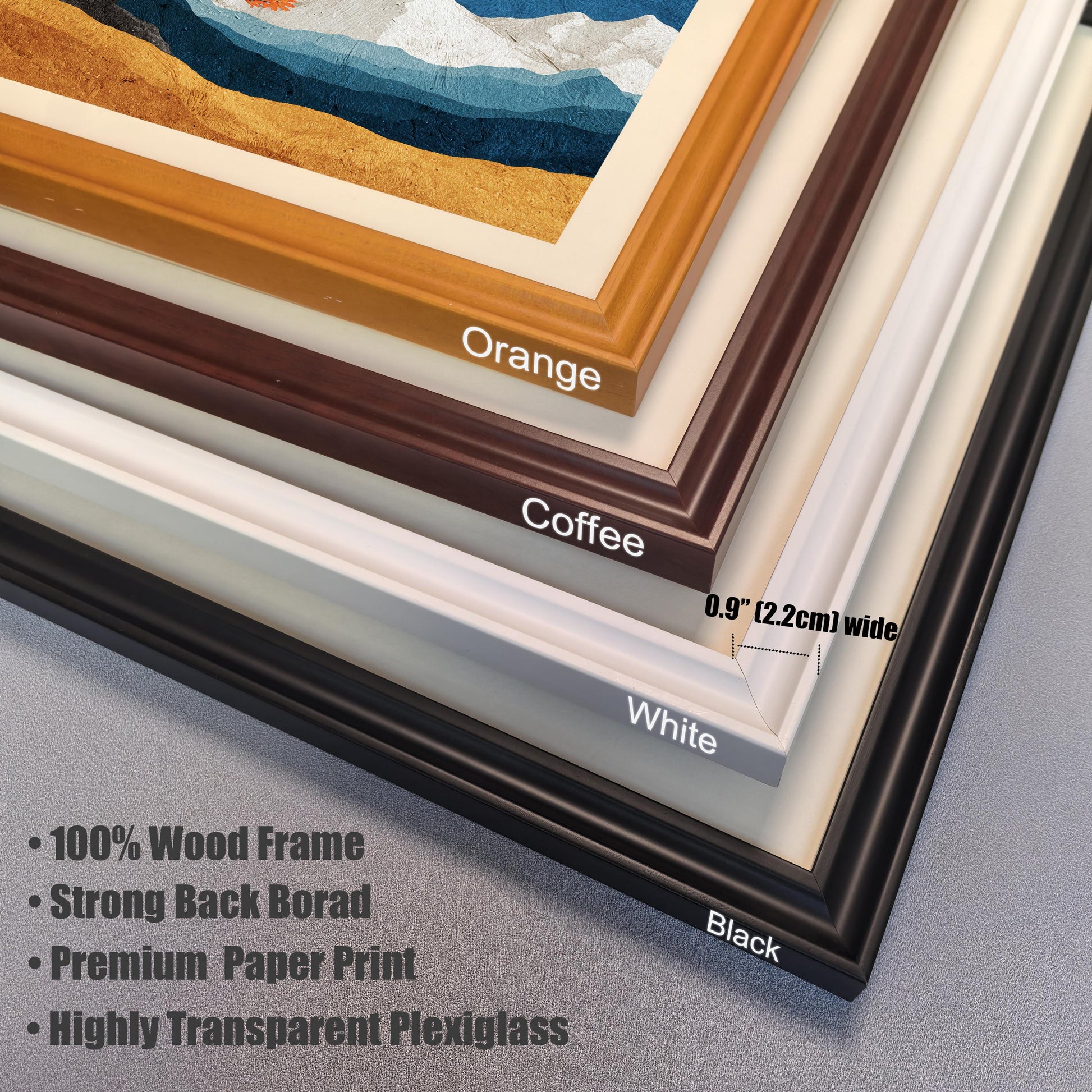 A close-up collage of four corner samples of the 100% wood frames available in Orange, Coffee, White, and Black, noting a frame width of 0.9 inches (2.2cm).