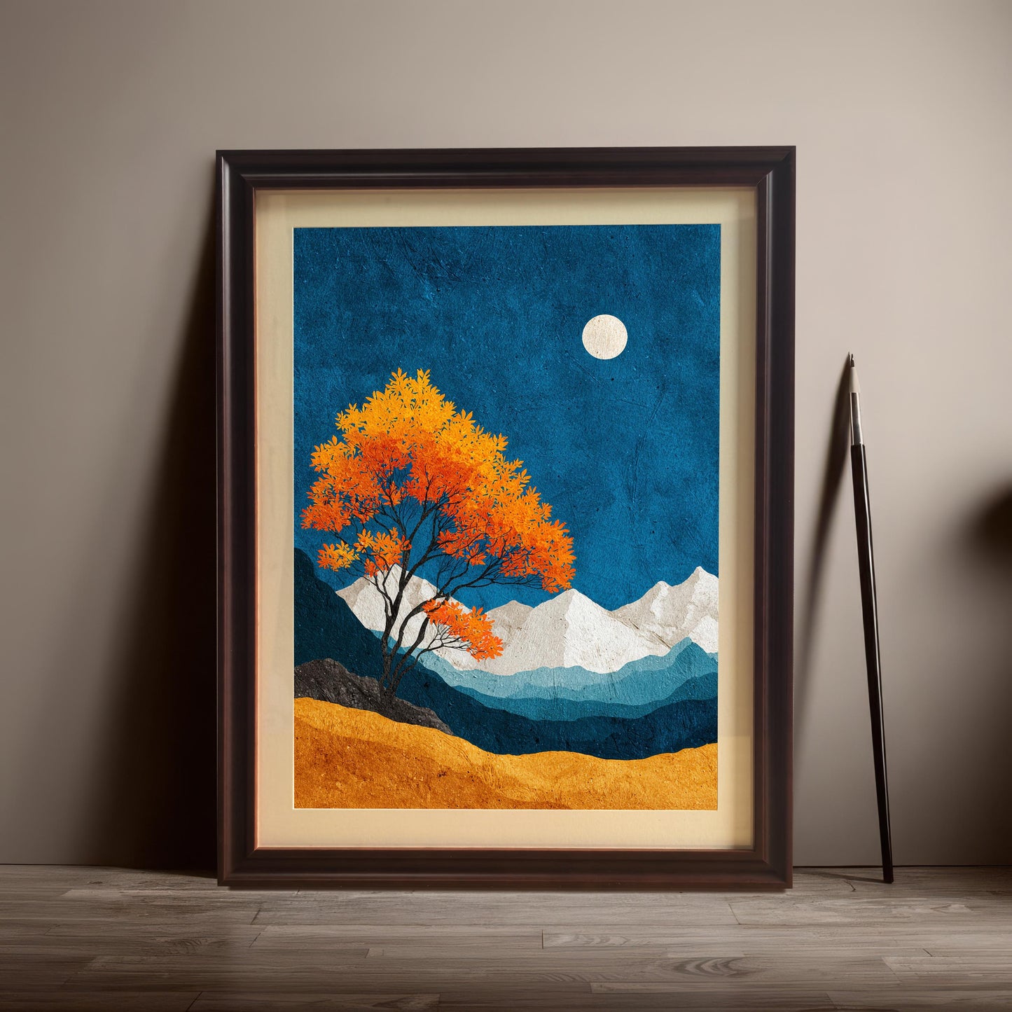 A dark wood framed art print with an off-white mat board leaning against a neutral wall on a light wood floor, placed next to a single artist's pencil for a simple, studio-style presentation.
