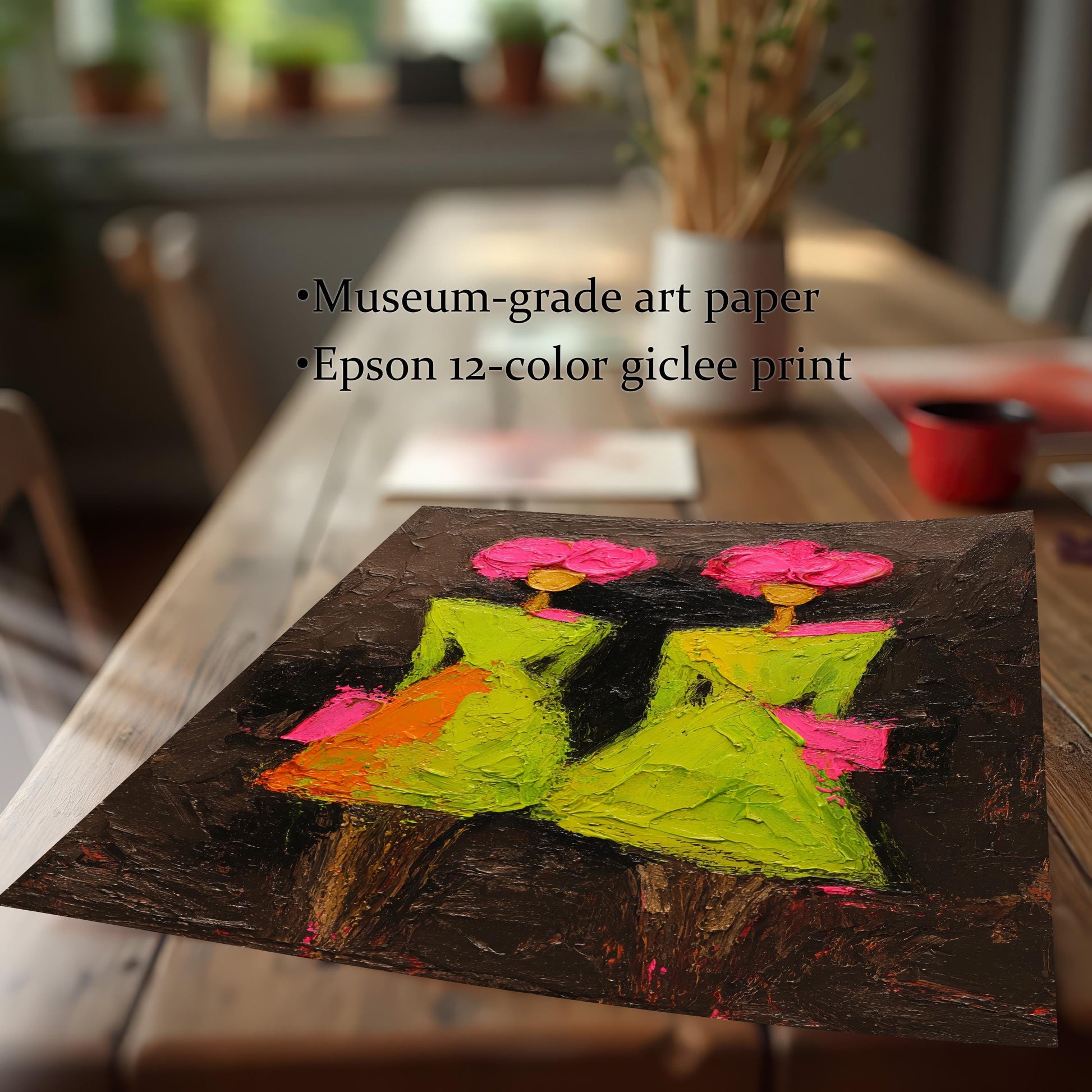 A high-quality unframed print of the artwork laying on a wooden table, featuring text that highlights "Museum-grade art paper" and "Epson 12-color giclee print."
