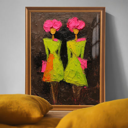 A close-up of the orange wood-framed print leaning against a grey wall, highlighting the thick, textured impasto brushwork of the pink floral headpieces and green dresses.