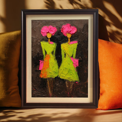 A framed art print of two stylized figures in lime green dresses and bright pink floral headpieces, displayed on a beige surface between a mustard yellow and an orange pillow under soft leaf shadows.
