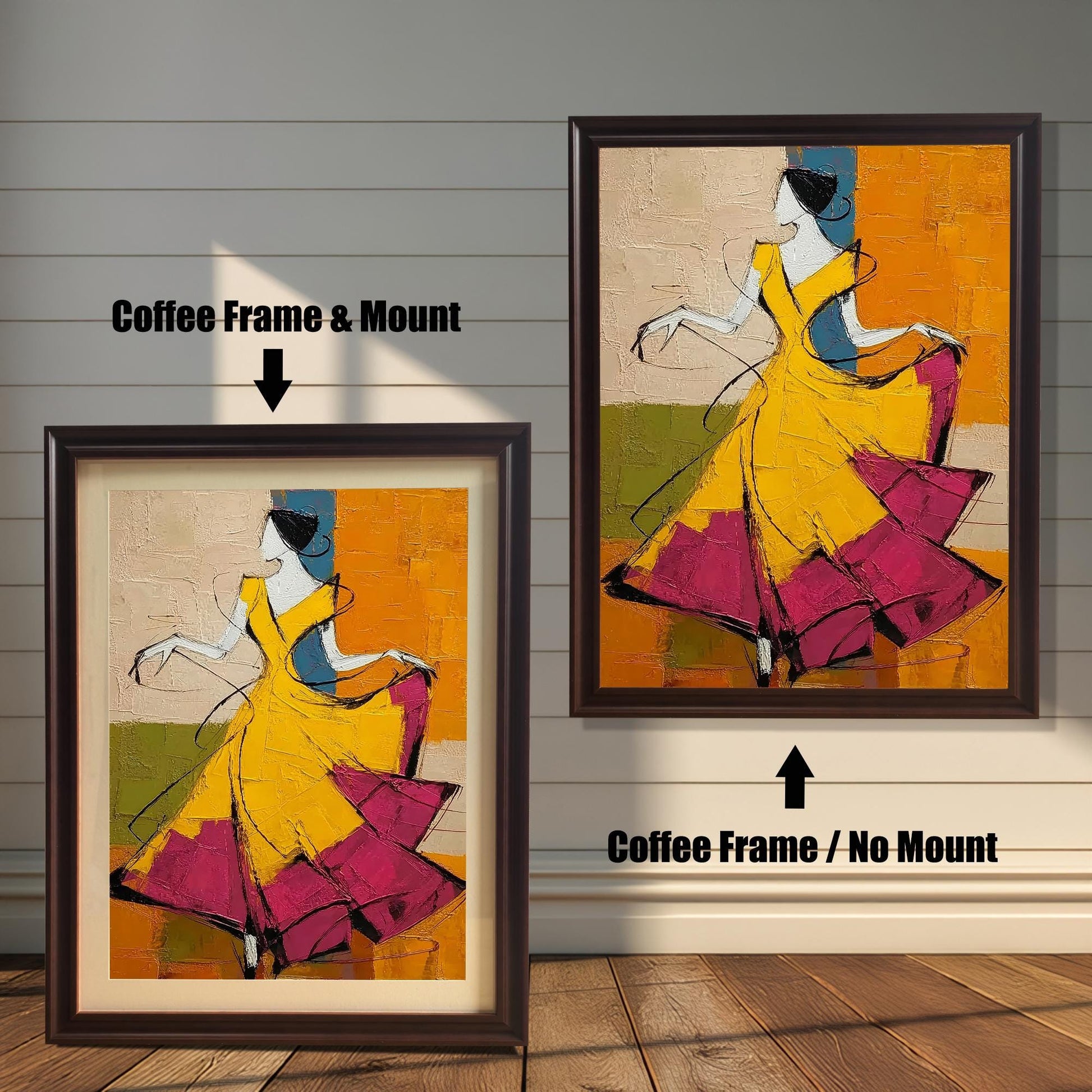 Side-by-side comparison of the dancer artwork in "Coffee" (dark brown) wood frames. The left shows the print with a white mount (matting), and the right shows the print without a mount.