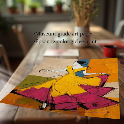 Close-up of the unframed artwork lying on a wooden table. Text overlay reads "Museum-grade art paper" and "Epson 12-color giclee print," highlighting the texture and high-quality print details.