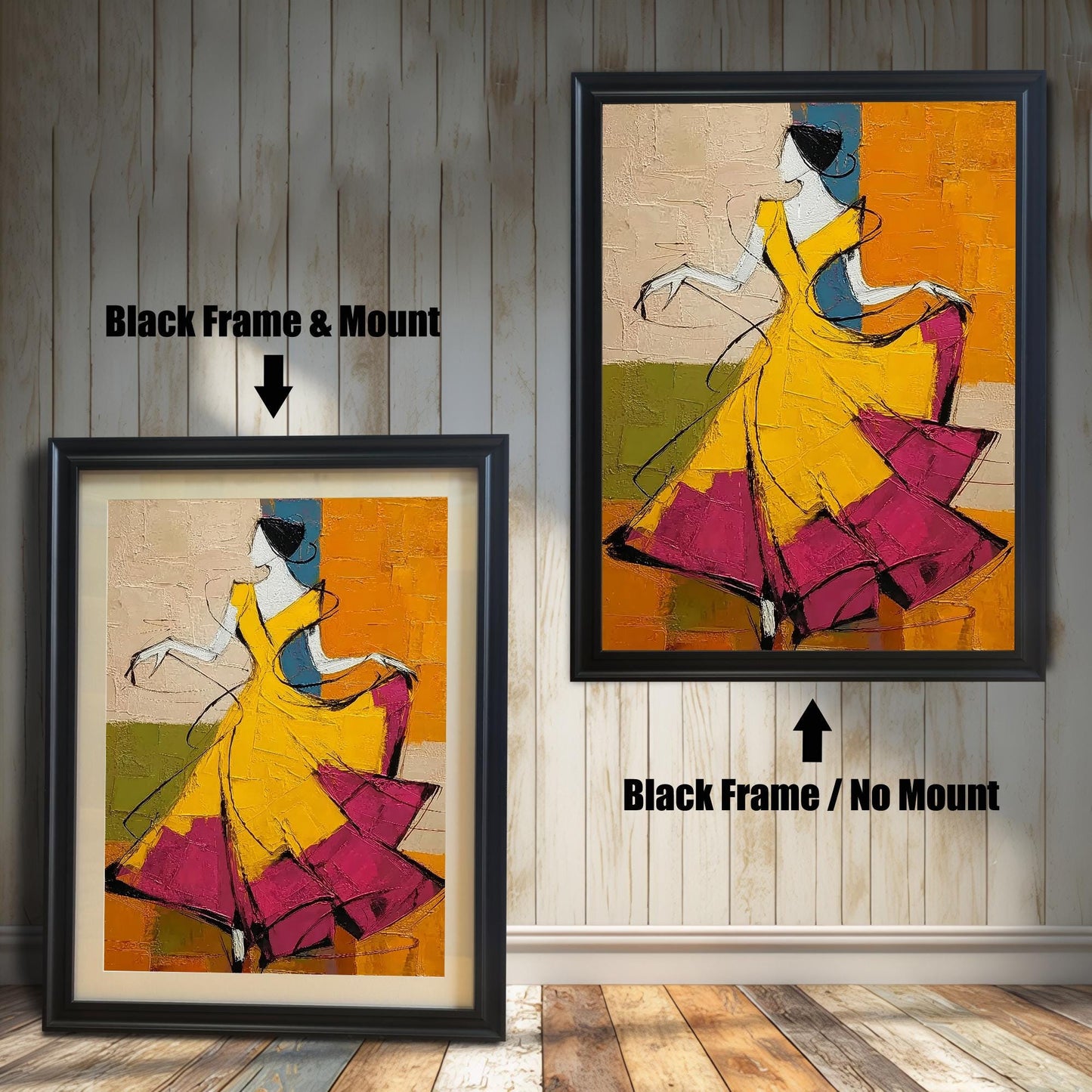 Side-by-side comparison of the dancer artwork in modern Black wood frames. The left option displays the print with a clean white mount, while the right option features a larger print framed edge-to-edge without a mount, both set against a light vertical-slat wood wall.