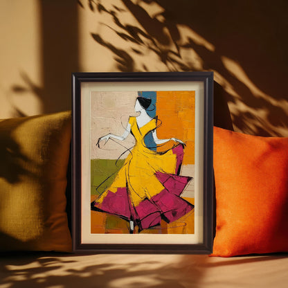 A coffee-framed art print of the dancer leaning against a warm tan wall, flanked by plush mustard-yellow and burnt-orange pillows. Soft shadows of tree leaves are cast across the entire scene, creating an organic, sun-drenched aesthetic.