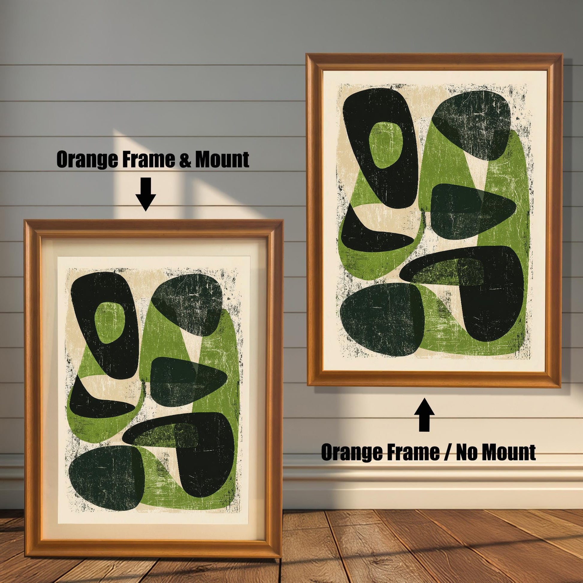 Two display options for the abstract art in an orange-toned wood frame: one showing the artwork with a protective white mount and one featuring the artwork framed to the edge without a mount.