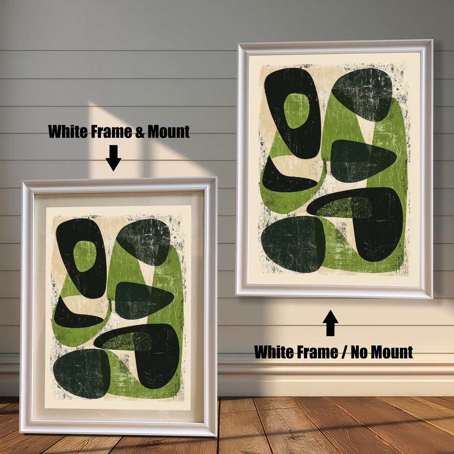 Comparison of the abstract organic shapes print in a sleek white wood frame, demonstrating the visual difference between the "With Mount" and "No Mount" framing options.