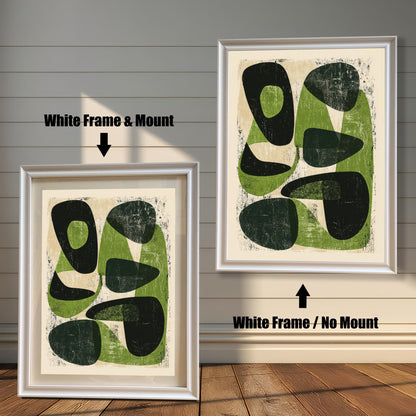 Comparison of the abstract organic shapes print in a sleek white wood frame, demonstrating the visual difference between the "With Mount" and "No Mount" framing options.