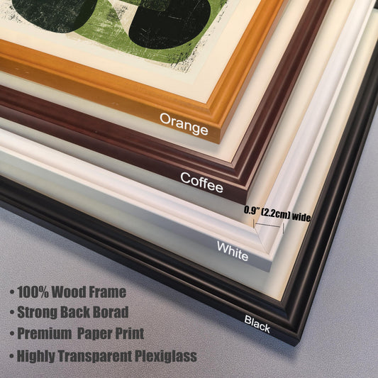 A close-up stack of four wooden frame corners in Orange, Coffee, White, and Black, showing the 0.9-inch (2.2cm) frame width, strong backboard, and premium plexiglass.