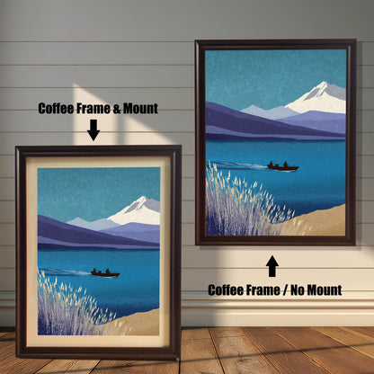 Comparison of two coffee-colored wood frames. The left shows the art with a cream mount; the right shows the art full-bleed with no mount. Text labels indicate "Coffee Frame & Mount" and "Coffee Frame / No Mount.