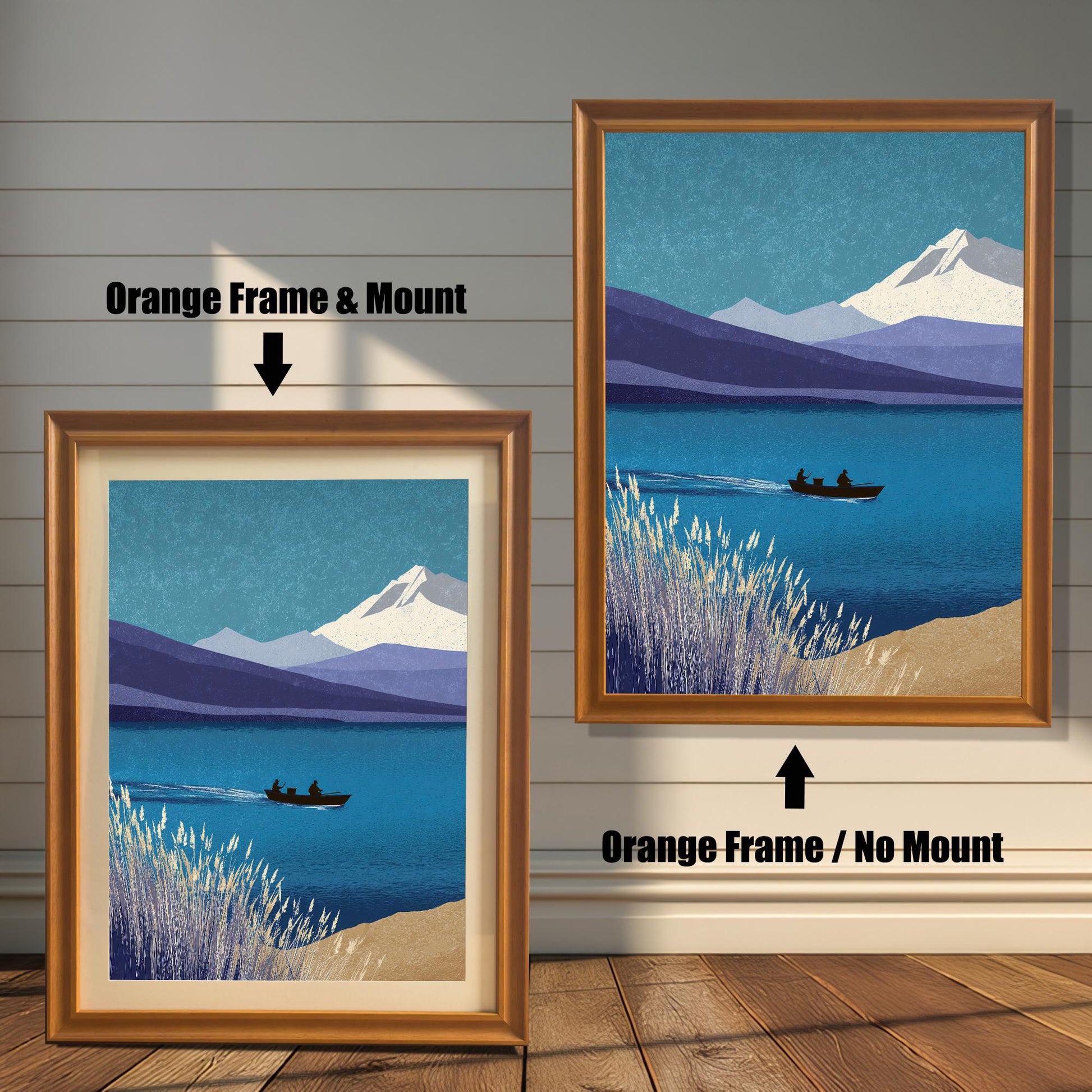 Comparison of two orange-toned wood frames. The left side displays the landscape art with a mount, and the right side displays it without a mount. Text labels indicate "Orange Frame & Mount" and "Orange Frame / No Mount.