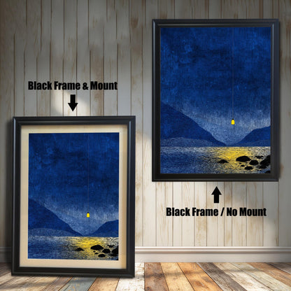 Comparison of black wood frame options for a blue lake scene: one with a white mat board (mount) and one without a mount.