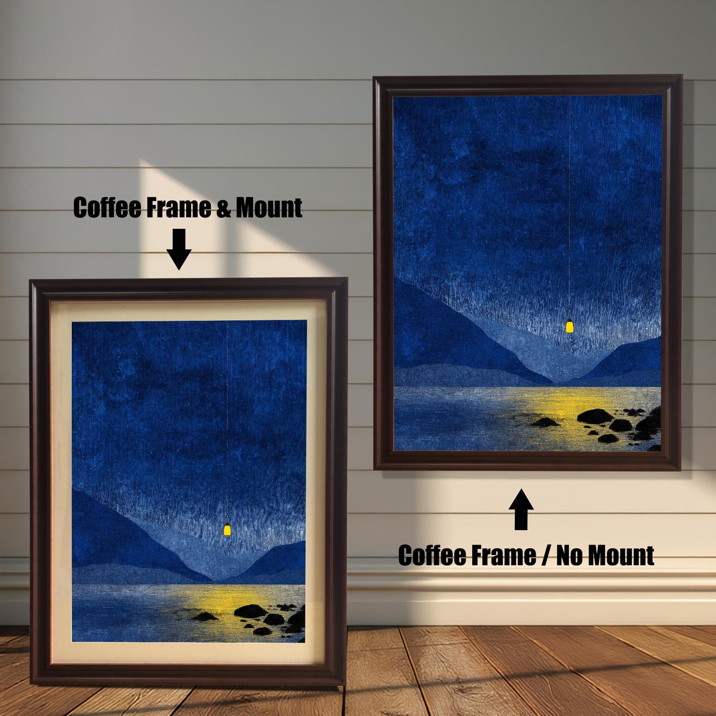 Dark coffee wood frame display showing the difference between a matted (with mount) and full-bleed (no mount) blue mountain art print.