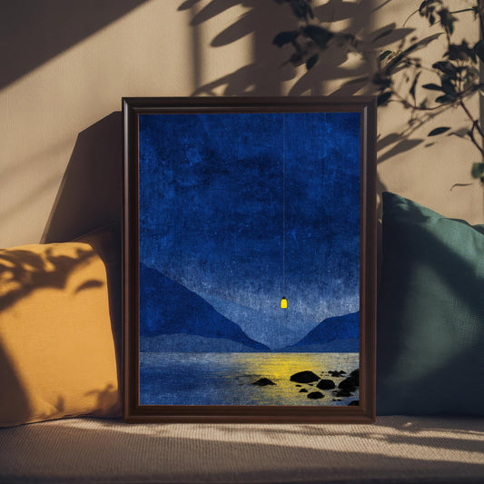 Coffee-colored wood framed blue landscape art print resting on a couch between yellow and teal pillows, featuring a glowing lantern over a lake.
