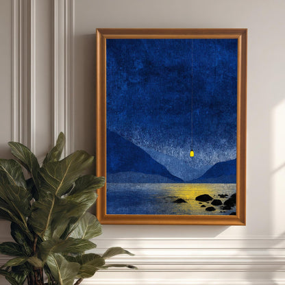 Orange wood framed blue landscape art hanging on a white paneled wall above a large green indoor plant.