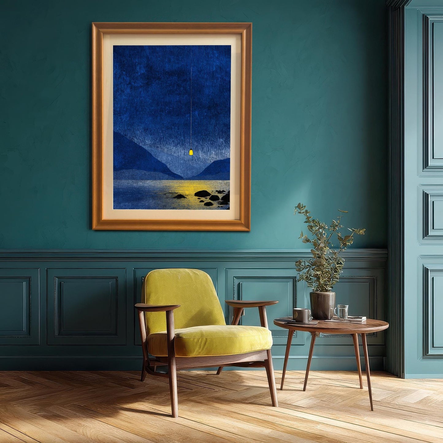 Large orange wood framed blue landscape art with a white mount hanging on a teal paneled wall in a mid-century modern room with a yellow velvet chair.