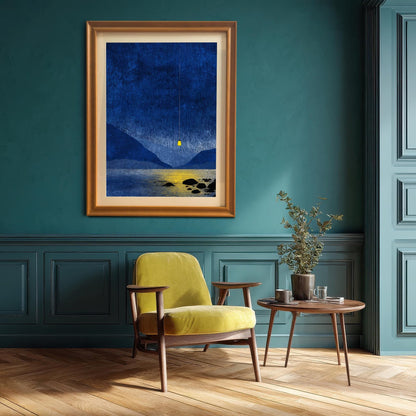 Large orange wood framed blue landscape art with a white mount hanging on a teal paneled wall in a mid-century modern room with a yellow velvet chair.