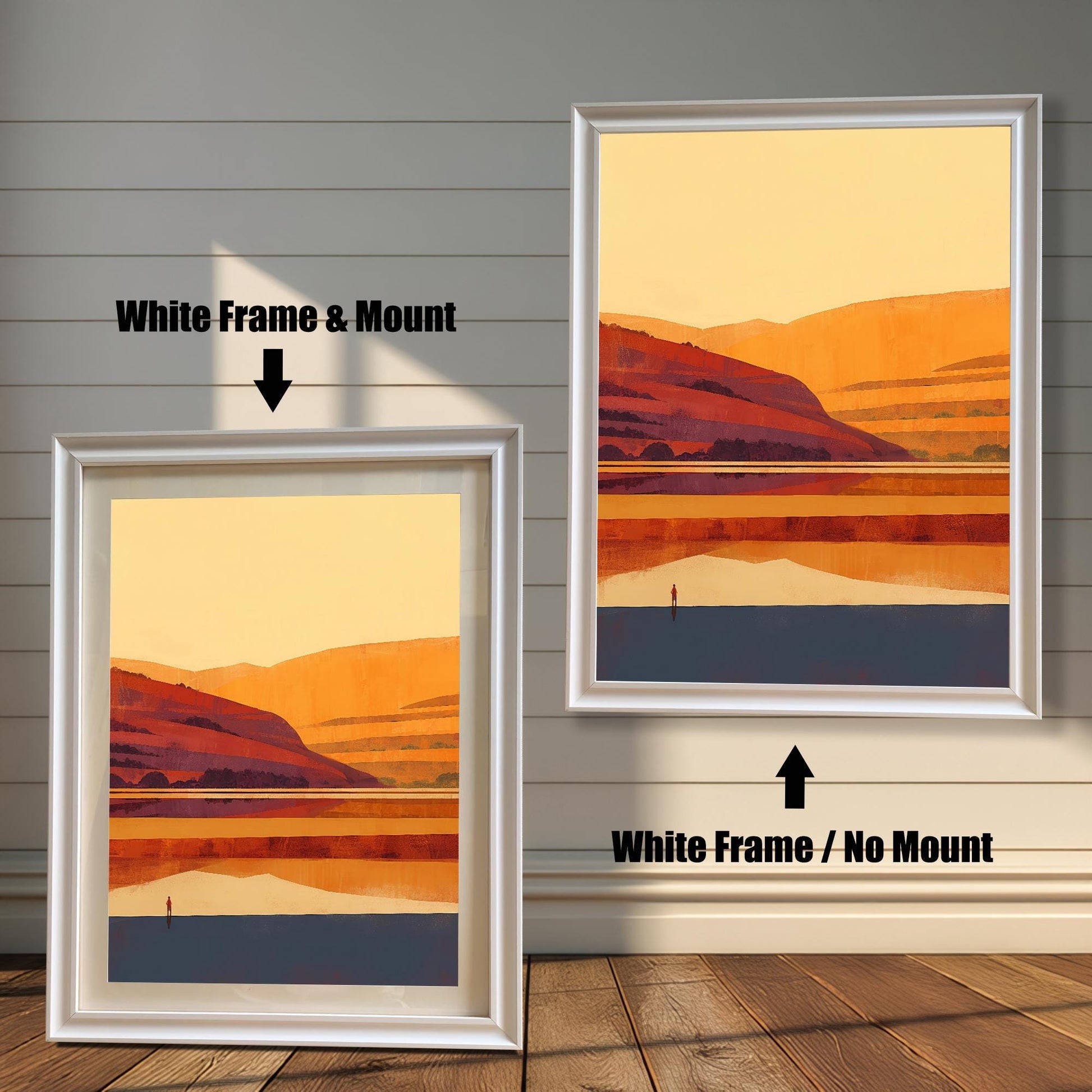 Side-by-side comparison of a White wood frame with a mount versus without a mount, displayed in a bright, sunlit room.