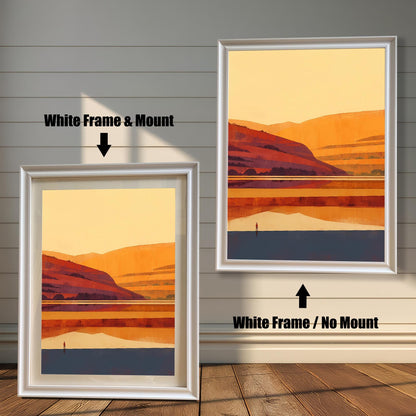 Side-by-side comparison of a White wood frame with a mount versus without a mount, displayed in a bright, sunlit room.