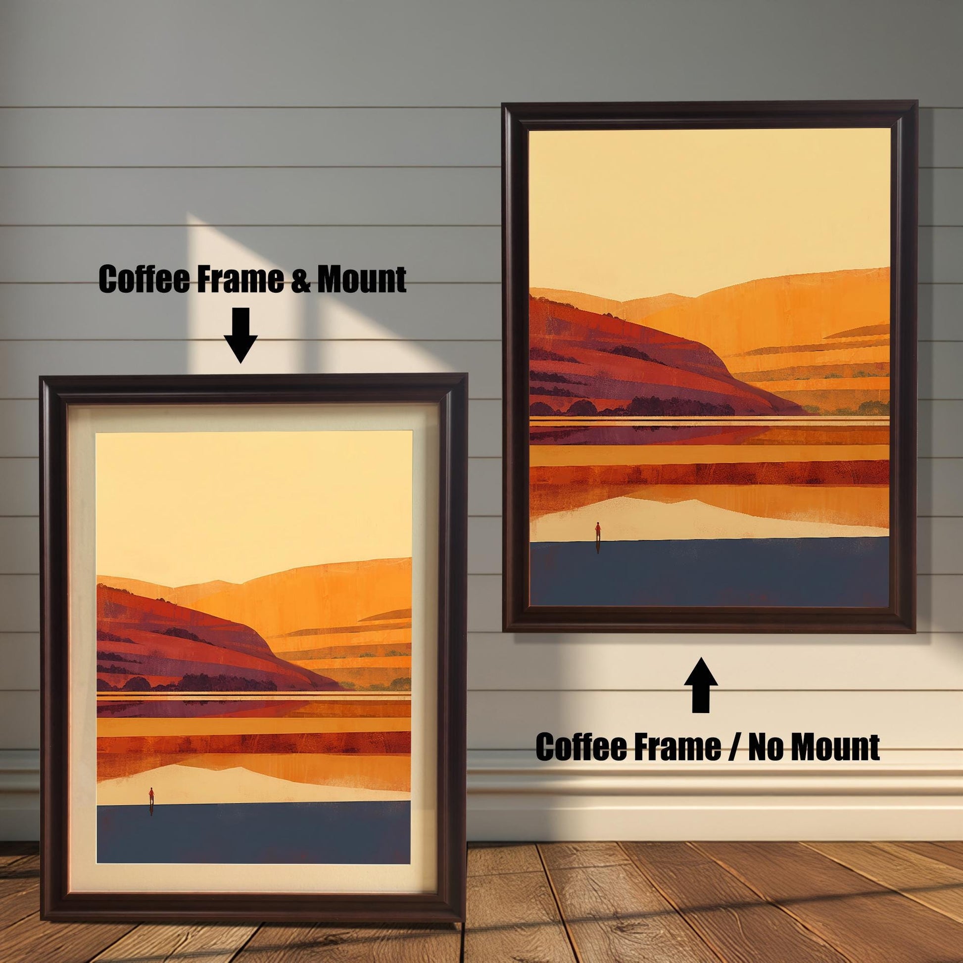 Comparison of a Coffee brown wood frame with and without a white mount, featuring an orange-toned landscape art print against a white paneled wall.