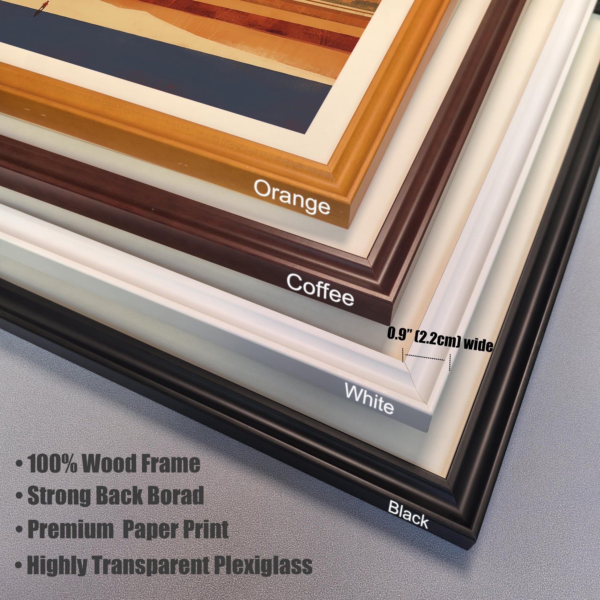 Close-up stack of four wood frame color options: Orange, Coffee, White, and Black, showing the 0.9-inch frame width and plexiglass detail.