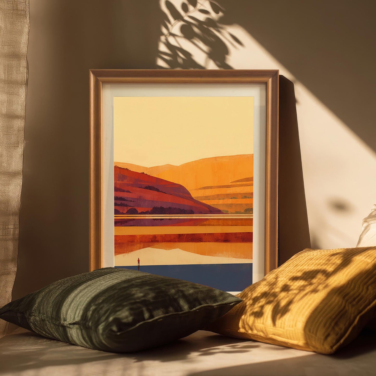 Coffee-colored wood-framed print resting on a surface with green and yellow velvet pillows, captured in warm, moody evening sunlight.