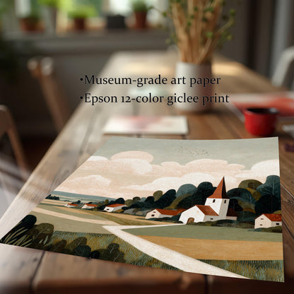 Close-up of an unframed art print on a wooden table, highlighting ""Museum-grade art paper"" and ""Epson 12-color giclee print"" quality.