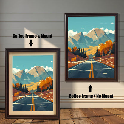 Side-by-side view showing the coffee-colored wood frame options: Coffee Frame with Mount and Coffee Frame without Mount for a mountain landscape print.