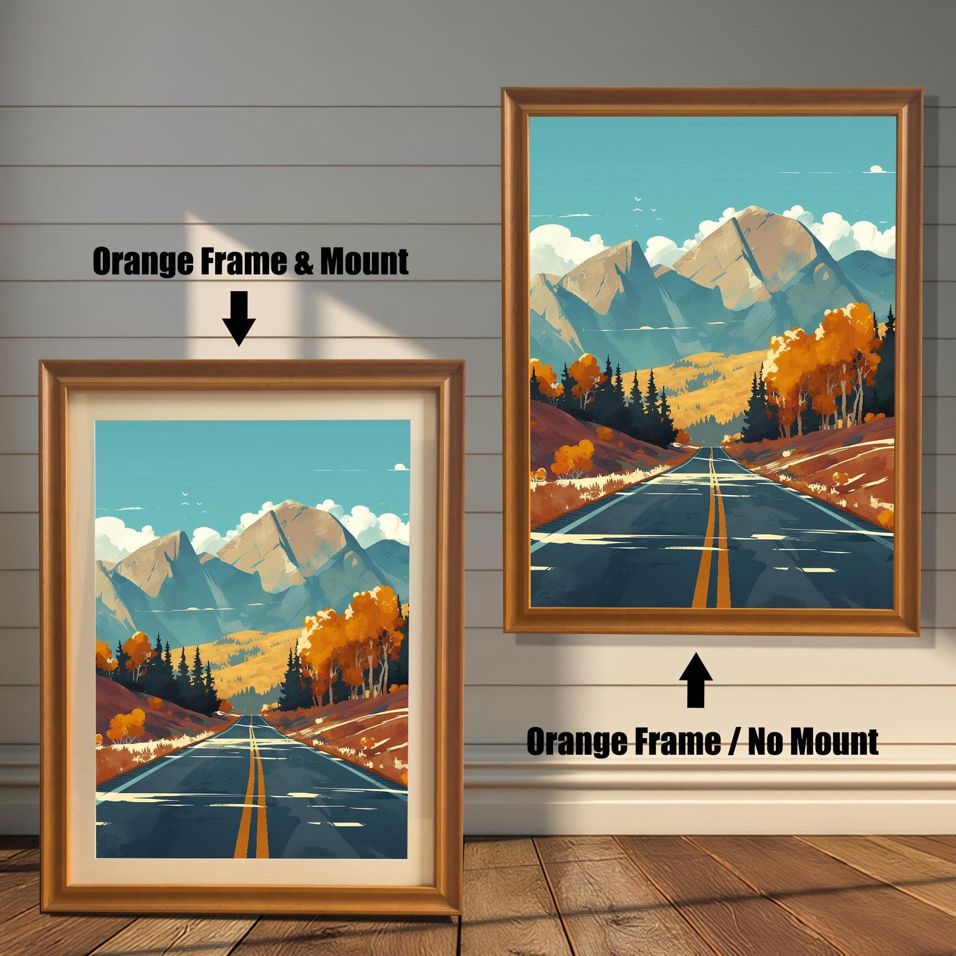 Product options for an orange-toned wood frame showing the landscape art with a white mount and without a mount.
