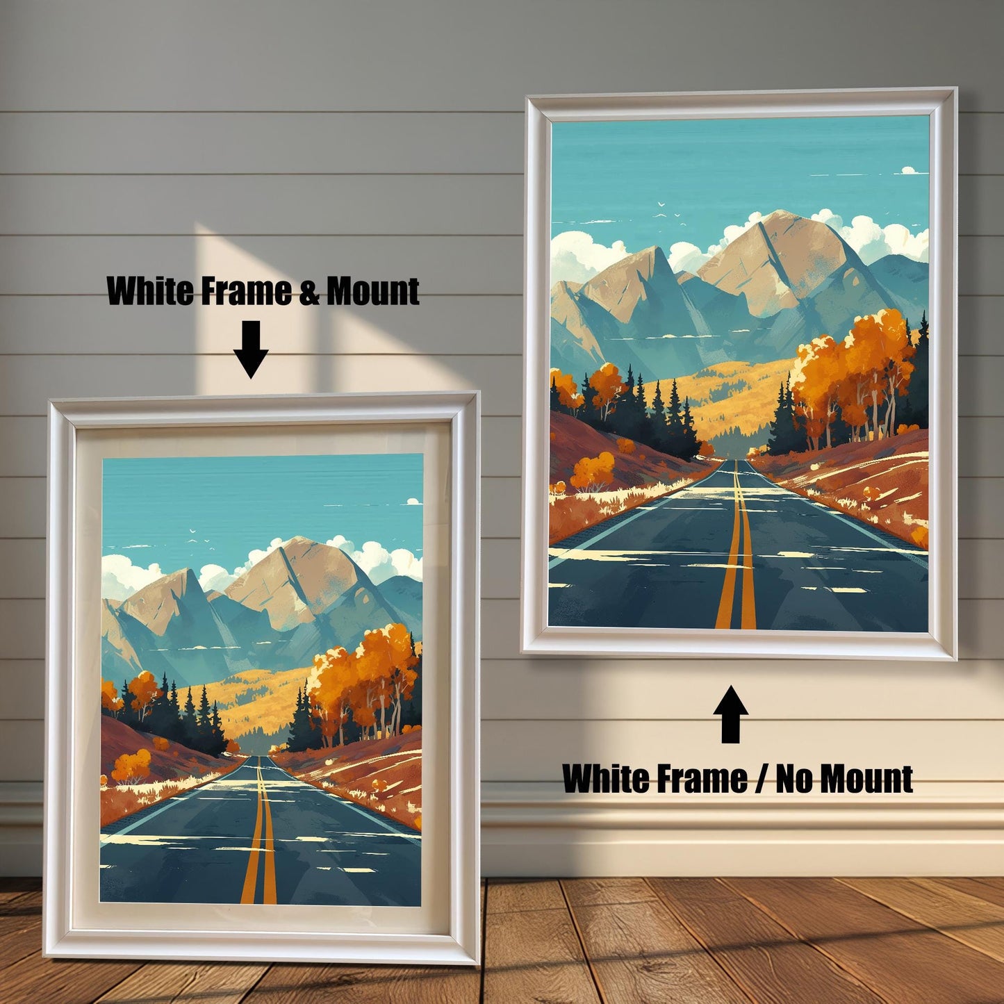 Two options for white wood frames: White Frame with Mount and White Frame with No Mount, featuring a scenic road and mountain art print.
