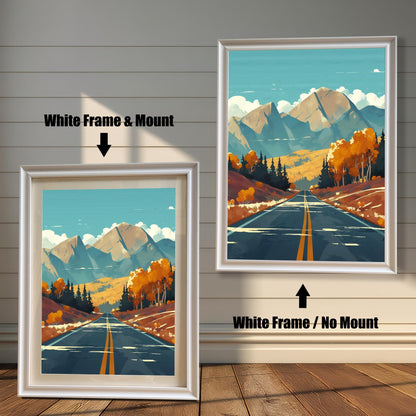 Two options for white wood frames: White Frame with Mount and White Frame with No Mount, featuring a scenic road and mountain art print.