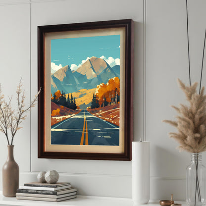 Close-up of a coffee-colored wood frame with a cream mount featuring landscape art, displayed on a white shelf alongside books, candles, and decorative pampas grass.
