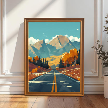 A mountain landscape art print in an orange wood frame leaning against a white paneled wall on a hardwood floor next to a potted plant.