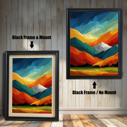Comparison of black framed wall art: one version with a white mat board (mount) and one full-bleed print without a mount.