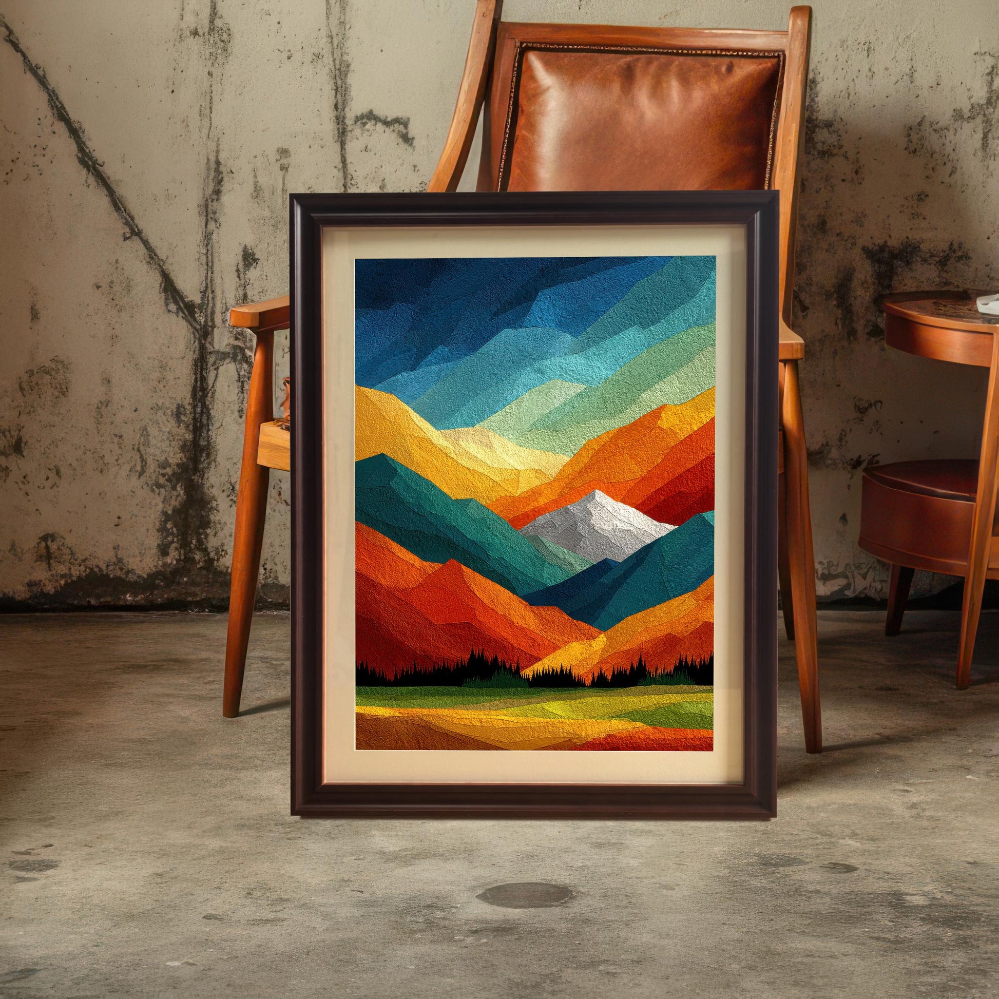 Large vertical abstract mountain print in a dark coffee-colored wood frame, styled in a rustic room next to a leather chair.