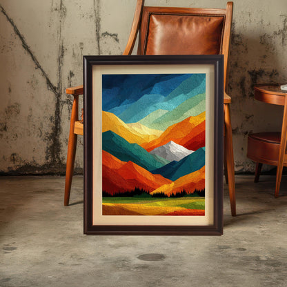 Large vertical abstract mountain print in a dark coffee-colored wood frame, styled in a rustic room next to a leather chair.