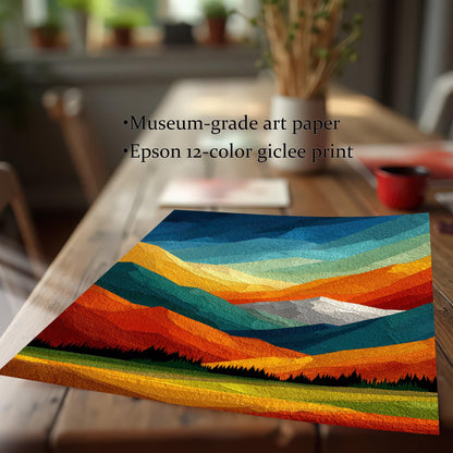 Close-up of a high-quality giclee art print on a wooden table, highlighting the ""Museum-grade art paper"" and ""Epson 12-color"" printing detail."