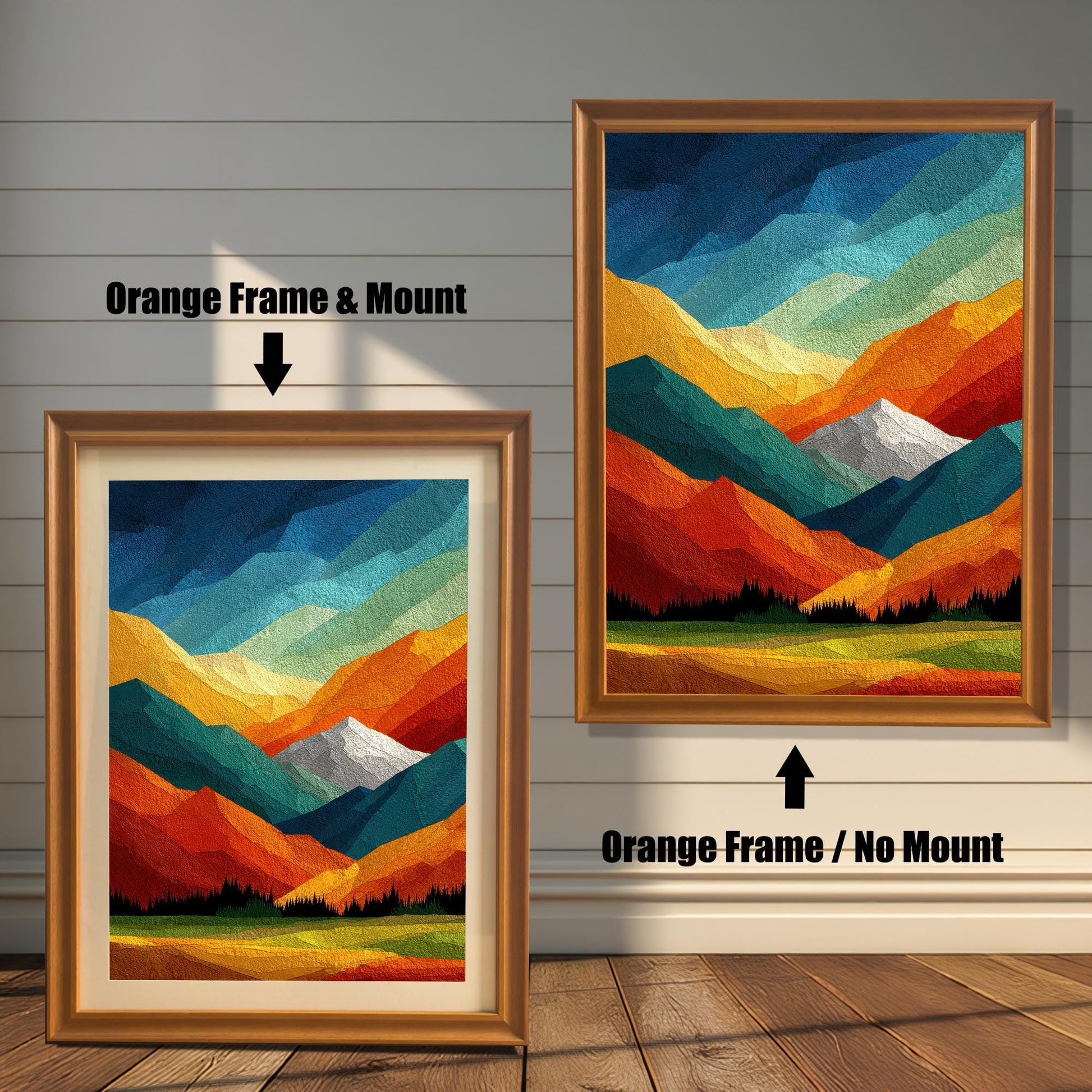 Side-by-side display of orange-toned wood frames, showing the ""Orange Frame & Mount"" option versus the ""Orange Frame / No Mount"" option."