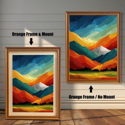Side-by-side display of orange-toned wood frames, showing the ""Orange Frame & Mount"" option versus the ""Orange Frame / No Mount"" option."