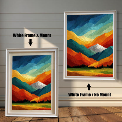 Modern white wood frame options for abstract landscape art, showcasing the difference between adding a white mount or going without.