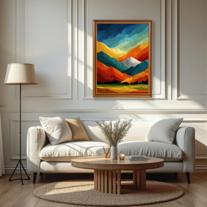 Framed colorful mountain art hung as a focal point in a bright, modern living room with a white sofa and minimalist decor.