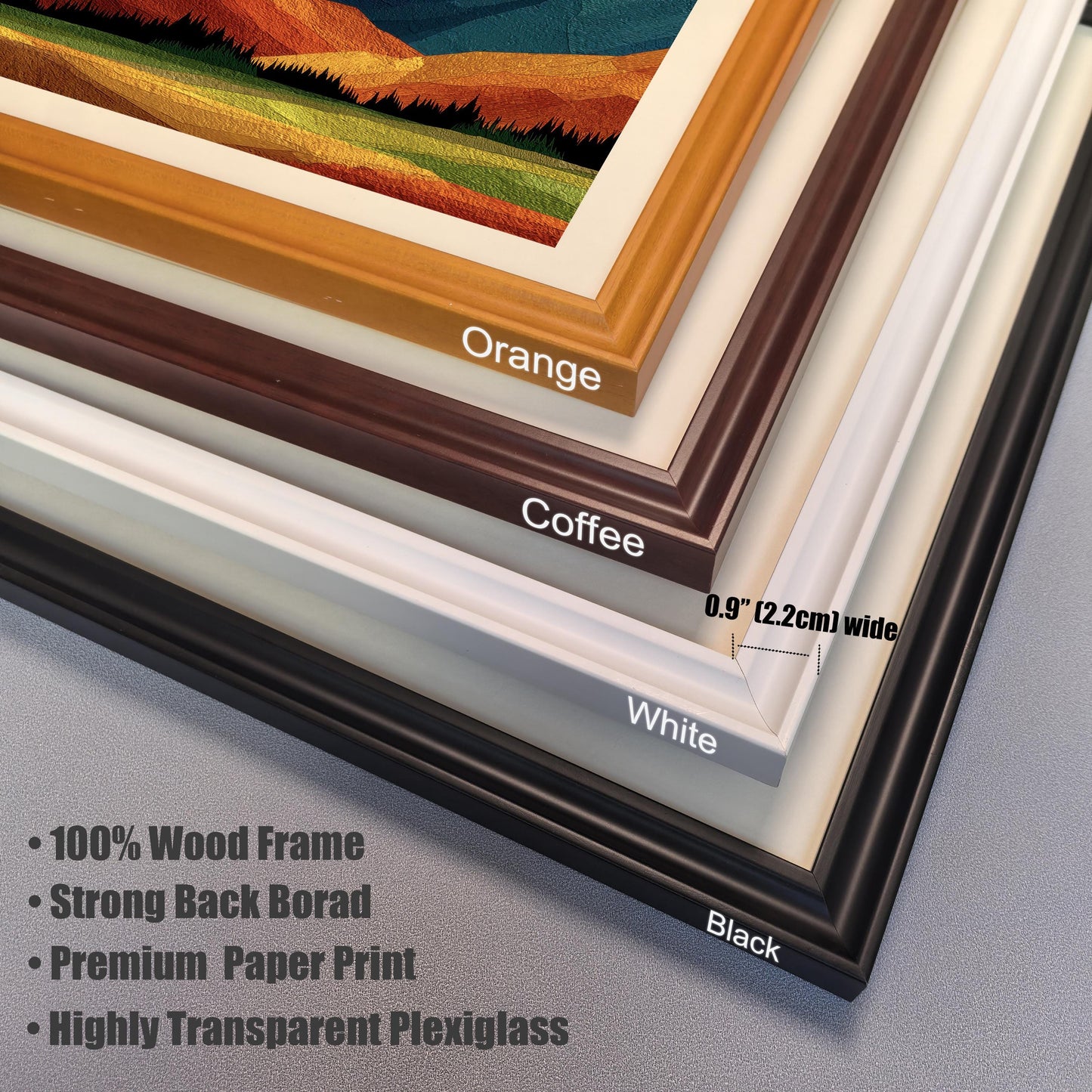 Close-up detail of four wood frame color options: Orange, Coffee, White, and Black, noting the 0.9-inch (2.2cm) frame width.