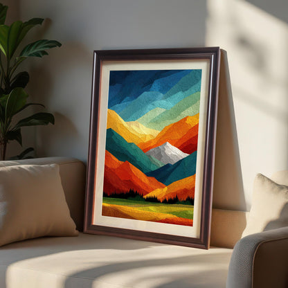 Large colorful mountain art print in a dark coffee wood frame with a white mount, leaning against a neutral-toned sofa in a sunlit room.