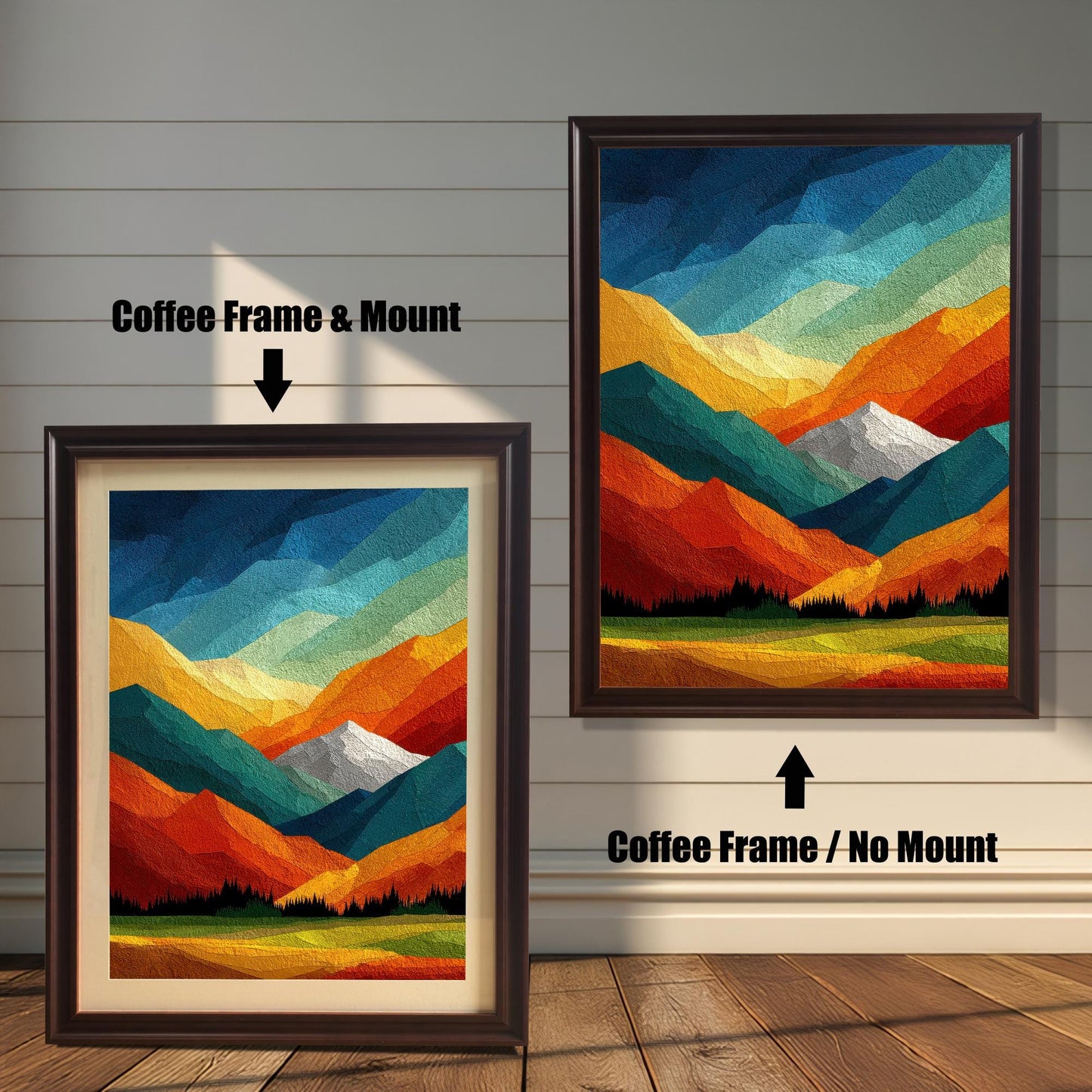 Comparison of coffee-colored wood frame options for abstract mountain art: one shown with a white mount and one shown as a full-bleed print.