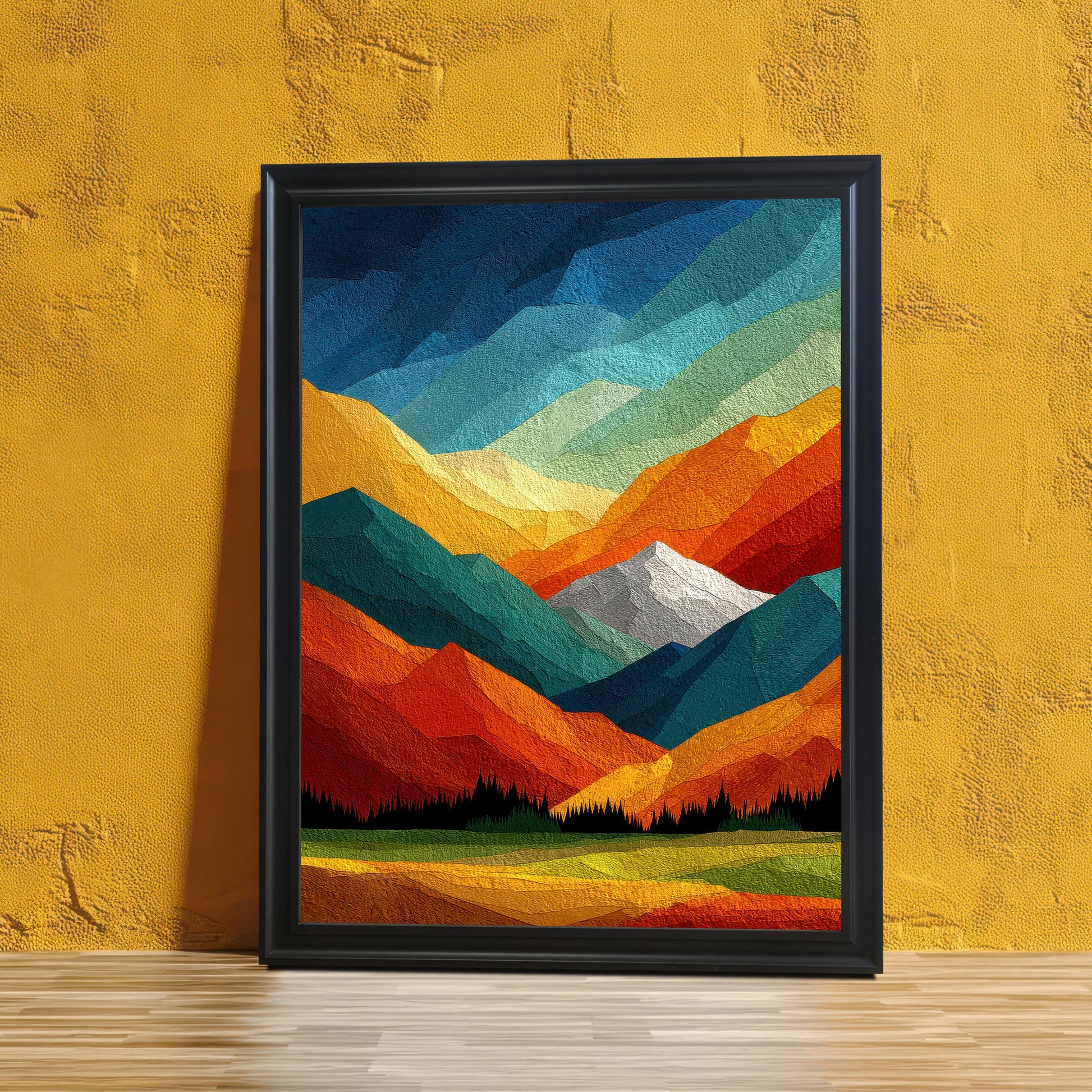 Abstract geometric mountain landscape art print in a sleek black wood frame, leaning against a textured yellow wall on a light wood floor.