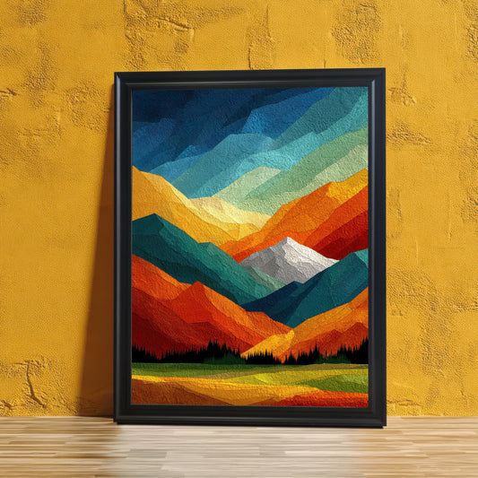 Abstract geometric mountain landscape art print in a sleek black wood frame, leaning against a textured yellow wall on a light wood floor.